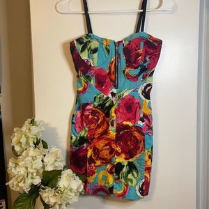 Multicolor rose zipper bustier bodycon dress